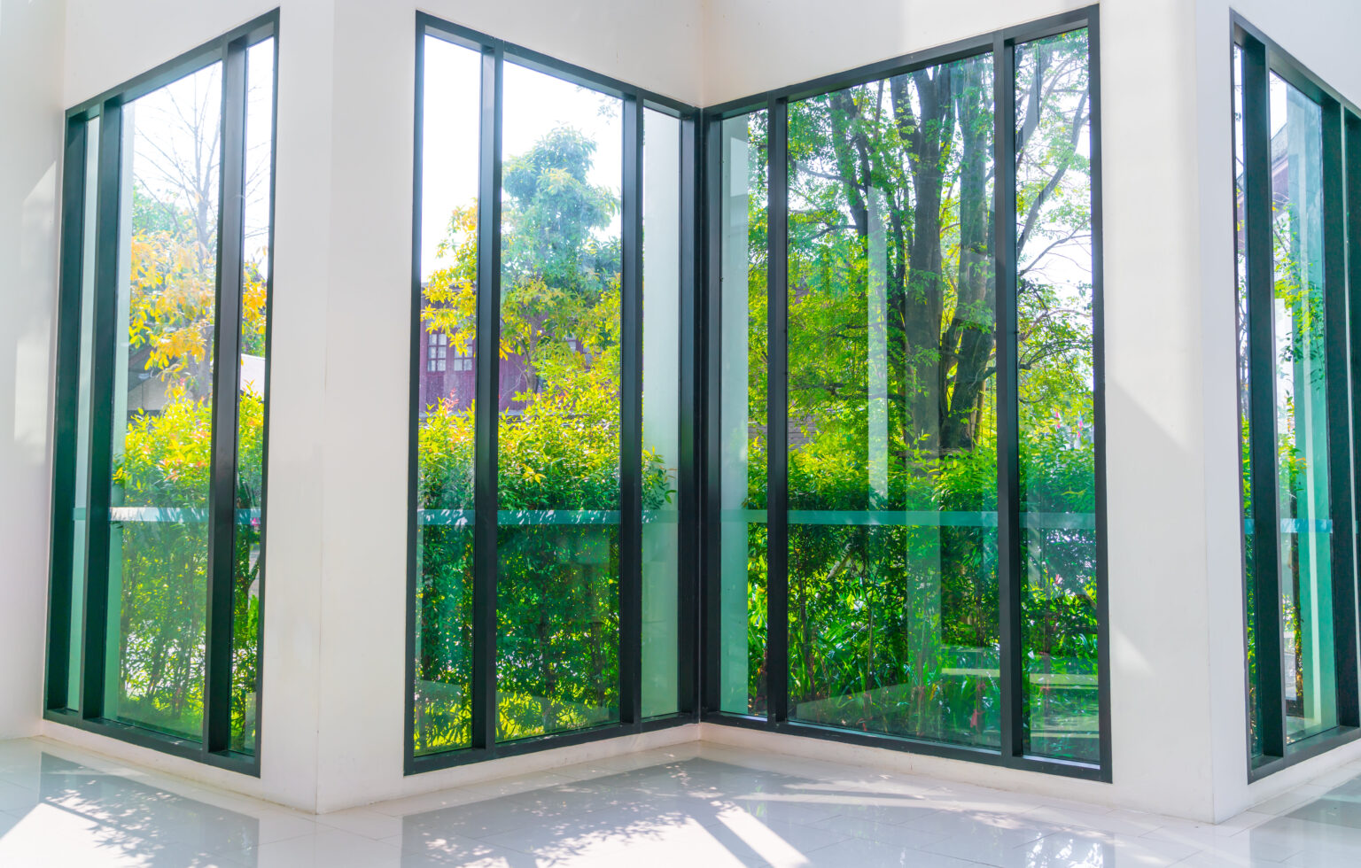 glass window overlooking green g
